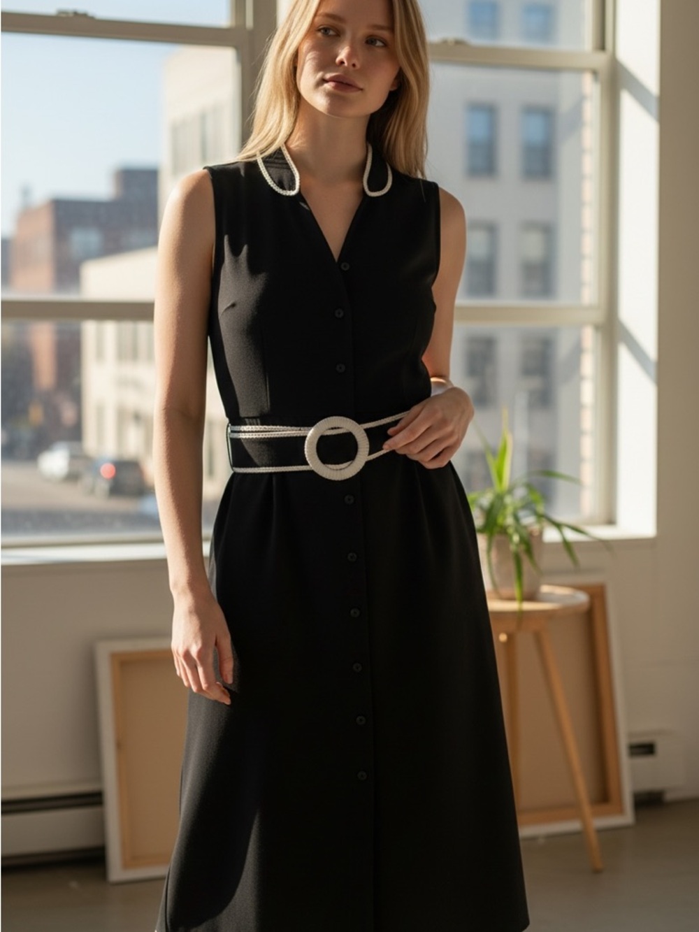 Sleeveless Black Button-Front Dress with Contrast Trim